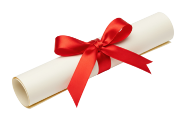 Celebration of achievement graduation scroll with red ribbon academic event studio environment symbol of success. Cut out PNG