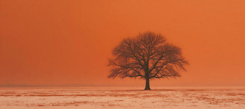 Lone tree landscape photography, bare tree silhouette against orange sky, minimalist nature scene, winter solitude