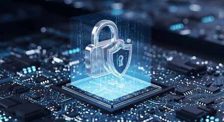 Cybersecurity protection glowing padlock on a computer motherboard circuit board concept for digital security and data privacy