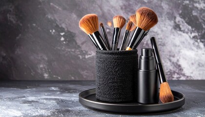 Professional makeup brushes arranged elegantly with sleek black serum bottle on textured surface