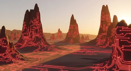 Circuit board landscape digital art, futuristic technology background, motherboard mountains, desert scenery