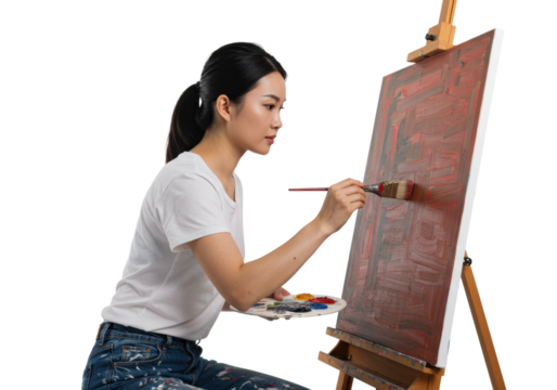 Artistic expression young woman painting on canvas studio setting creative process focused perspective. Cut out PNG