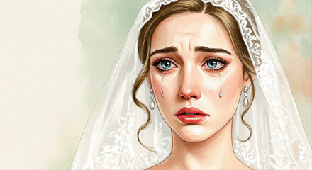 bride’s tears behind veil. Sad bride with tears wearing veil and earrings in soft background  