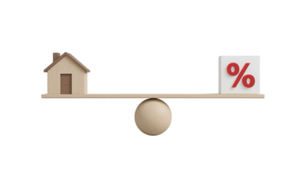3D Rendered House and Percentage Sign on Seesaw Representing Mortgage Rate