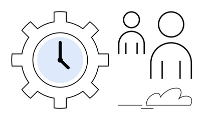 Gear with a clock highlights time management, two people icons represent collaboration. Ideal for efficiency, business planning, workflow, teamwork, productivity, scheduling, simple flat metaphor