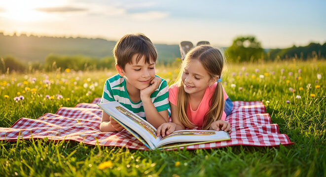 Two young children reading a book together while enjoying a picnic on a sunny day in a field.