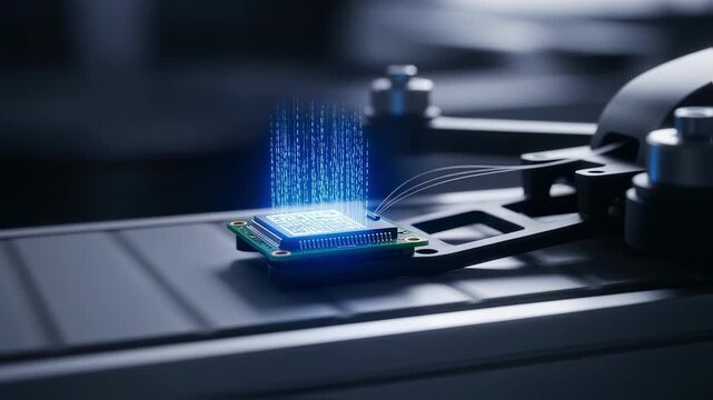 Macro shot of firmware being uploaded to a microcontroller chip attached to a drone part with conveyor motion blur emphasizing speed.