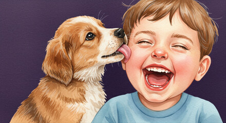 Young child laughing with puppy licks on purple background  