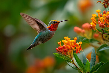 Fototapeta premium Vibrant Hummingbird Hovering Near Colorful Flowers in Nature Setting