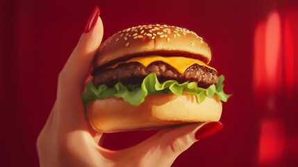 Woman with red nails holding delicious looking burger on a red background