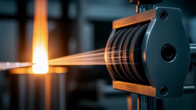 Focused image of tensioning device gripping fiberoptic strands as they exit heated drawing tower maintaining consistent diameter for optimal performance.