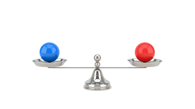 Realistic Rendered Balance Scale with Colorful Spheres Representing Equilibrium and Comparison
