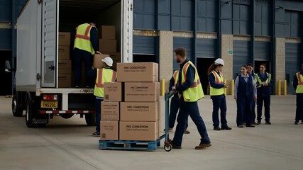 Warehouse workers are managing logistics and transportation of cardboard boxes outside a warehouse, ensuring efficient delivery and organization within the supply chain