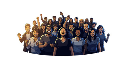 Illustration of a diverse group of people cheering and celebrating with expressions of joy and excitement on transparent background