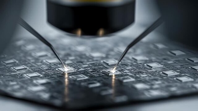 Extreme closeup of probe tips making contact with waveguide pads on a photonic integrated circuit wafer during optical performance evaluation.
