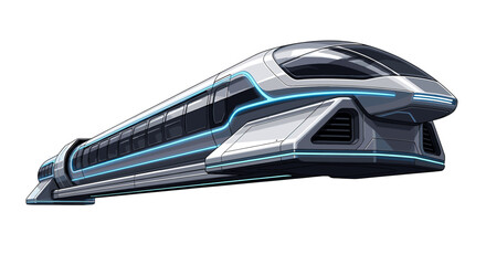 Illustration of a futuristic high speed train with sleek silver design and blue neon accents on a white background on transparent background