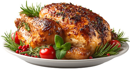 A roasted turkey served on a platter with herbs and vegetables. isolated on white background isolated on white background. transparent background