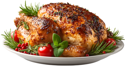 A roasted turkey served on a platter with herbs and vegetables. isolated on white background isolated on white background. transparent background