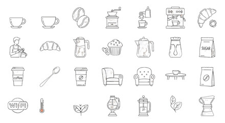 Illustration of coffee shop related icons including coffee beans, cups, pastries, and brewing equipment on transparent background