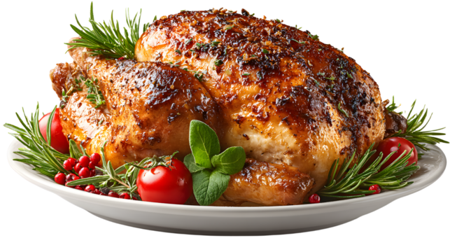 A roasted turkey served on a platter with herbs and vegetables. isolated on white background isolated on white background. transparent background