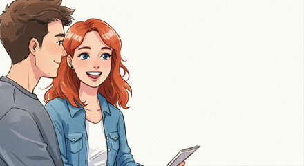 safe conversation between friends. Young couple smiling and looking at tablet while standing together  