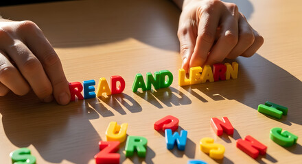 Hands arranging colorful letter tiles to spell out "Read and Learn" on a wooden surface.