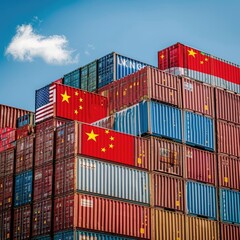 US-China trade Shipping containers stacked high under a bright sky.  Global commerce