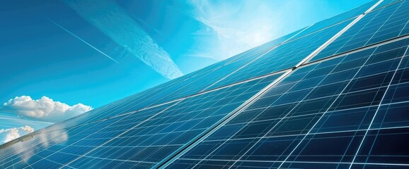 Solar panels under sunny sky; clean energy