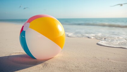 Obraz premium Brightly colored inflatable beach ball sits upon smooth sandy shore near gentle ocean waves under clear blue sky, captured within warm daylight featuring the calm summer mood