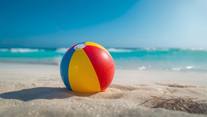Obraz premium A bright multicolored beach ball sits upon soft sand near the shoreline, featuring turquoise ocean waves and clear blue sky within the background on the sunny day