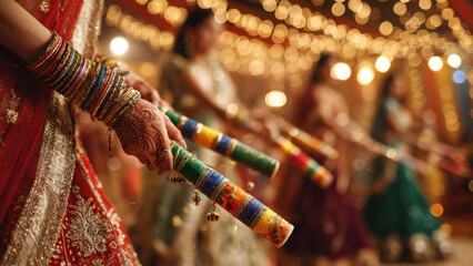 Radha Ashtami celebration, traditional Garba dance, Indian cultural festival, colorful dandiya sticks, festive women in ethnic attire, glowing lights and bangles