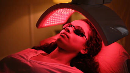 LED red light therapy dome, infrared facial rejuvenation session, wellness treatment for skin, anti-aging light care, professional beauty procedure, clinical glow therapy