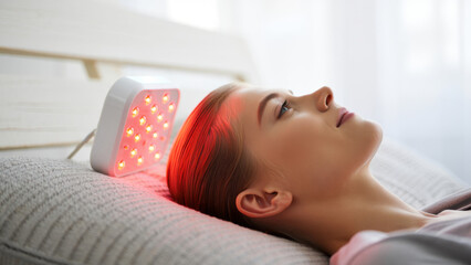 LED red light therapy, hair growth device, female scalp treatment, home relaxation session, infrared wellness technology, light panel healing, beauty care routine, self-care at home