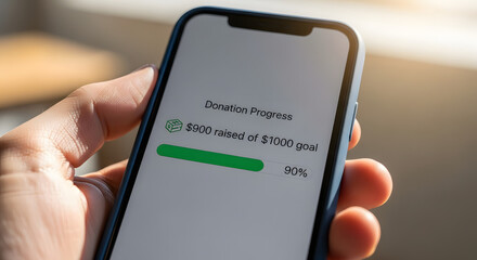 A person holds a smartphone displaying a donation progress screen showing $900 raised towards a $1000 goal.