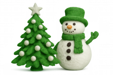Cheerful snowman waving beside decorated christmas tree, festive winter holiday 3d rendering with transparent background