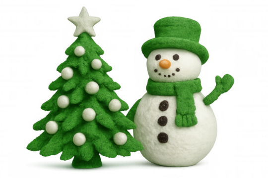 Cheerful snowman waving beside decorated christmas tree, festive winter holiday 3d rendering with transparent background