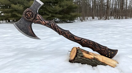 Ornate Double Bit Axe in Winter Snow Scene