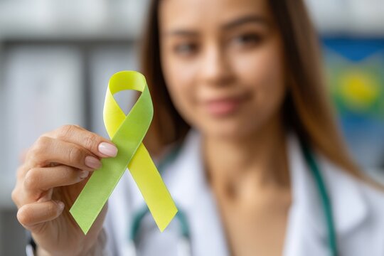 Female doctor holding lime and yellow ribbon, representing awareness for mitochondrial disease and supporting those affected by this condition