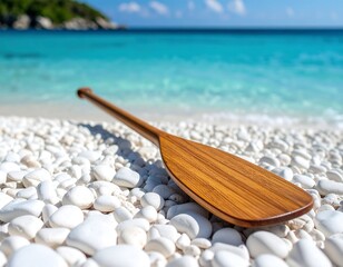 Wooden paddle on a beach of white stones (1)