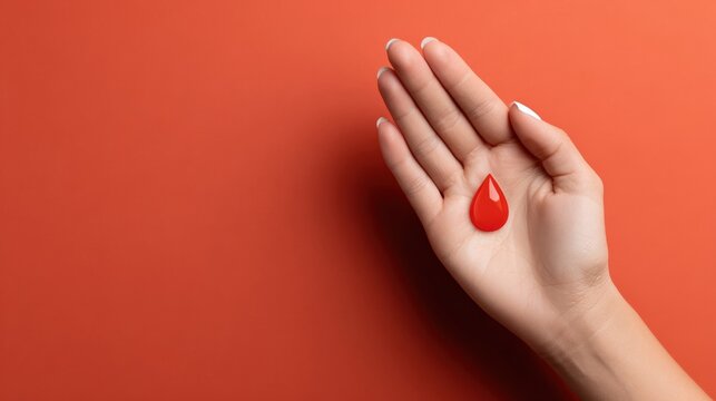 Woman's hand holding a droplet of blood against an orange background, symbolizing the vital importance of blood donation and healthcare support