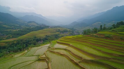 Fototapeta premium Aerial view of rice terraces in mountains.