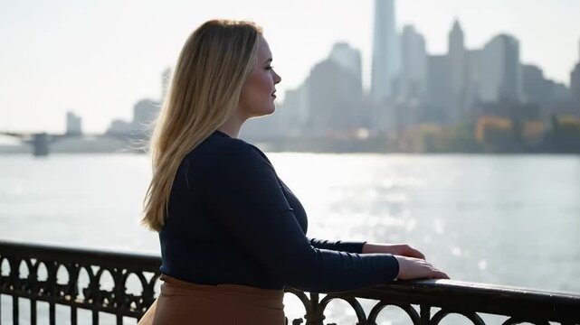 that curvy blonde - A woman stands pensively by the waterfront, gazing at the skyline of a bustling city, with autumn foliage in the background, evoking a sense of contemplation and tranquility
