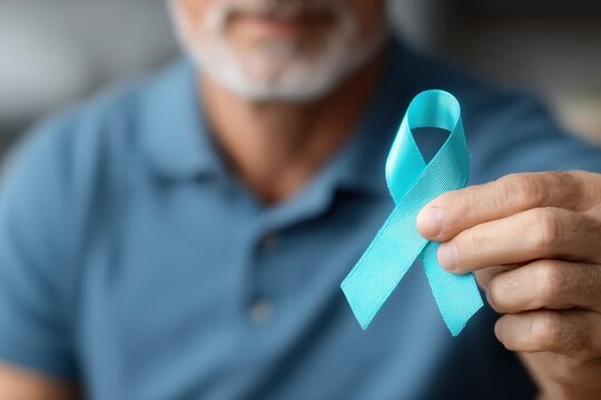 Mature man holding a light blue ribbon, symbolizing support for various social causes such as prostate cancer, addiction recovery, and awareness campaigns - Powered by Adobe