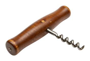 Cork removal action using a wooden corkscrew home bar tool indoor setting wine culture. Cut out PNG