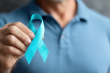 Close up of a mature man holding a light blue ribbon, symbolizing support and awareness for various health campaigns and causes