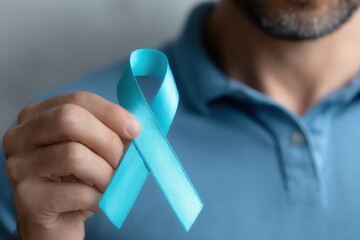 Close up view of a man holding a light blue ribbon, symbolizing prostate cancer awareness and supporting the fight against the disease