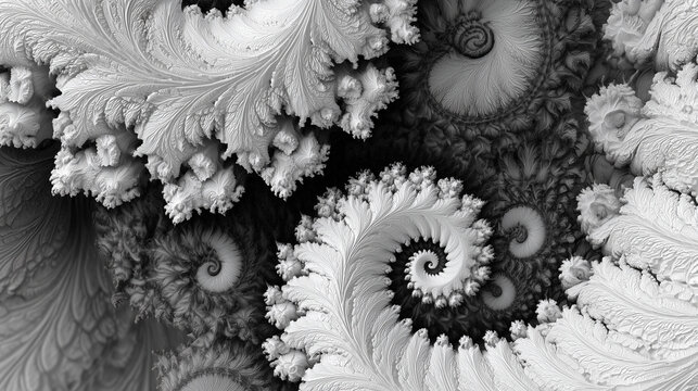 Black and white fractal spiral artwork resembling icy feathers or coral, forming intricate organic textures for backgrounds and digital designs.