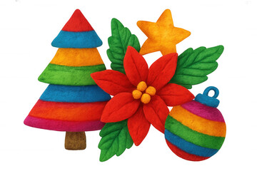 Festive felt christmas ornaments displaying poinsettia, evergreen tree, star against translucent backdrop