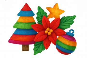 Festive felt christmas ornaments displaying poinsettia, evergreen tree, star against translucent backdrop