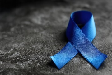 Blue ribbon lying on a dark gray textured background raising awareness of colon cancer and other important causes